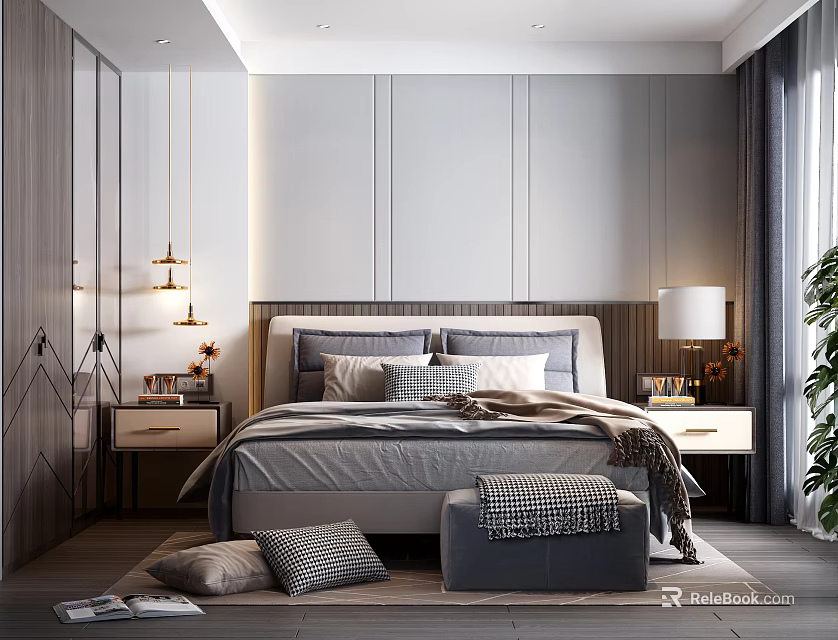 Modern Bedroom Interior Design With Gray Tones Wooden Nightstands Pendant Lights Throw Pillows And Ottoman 3d model 