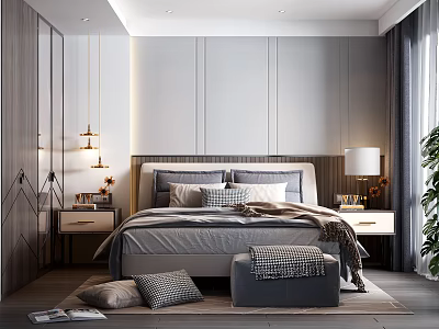 Modern Bedroom Interior Design With Gray Tones Wooden Nightstands Pendant Lights Throw Pillows And Ottoman 3d model