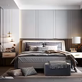 Modern Bedroom Interior Design With Gray Tones Wooden Nightstands Pendant Lights Throw Pillows And Ottoman