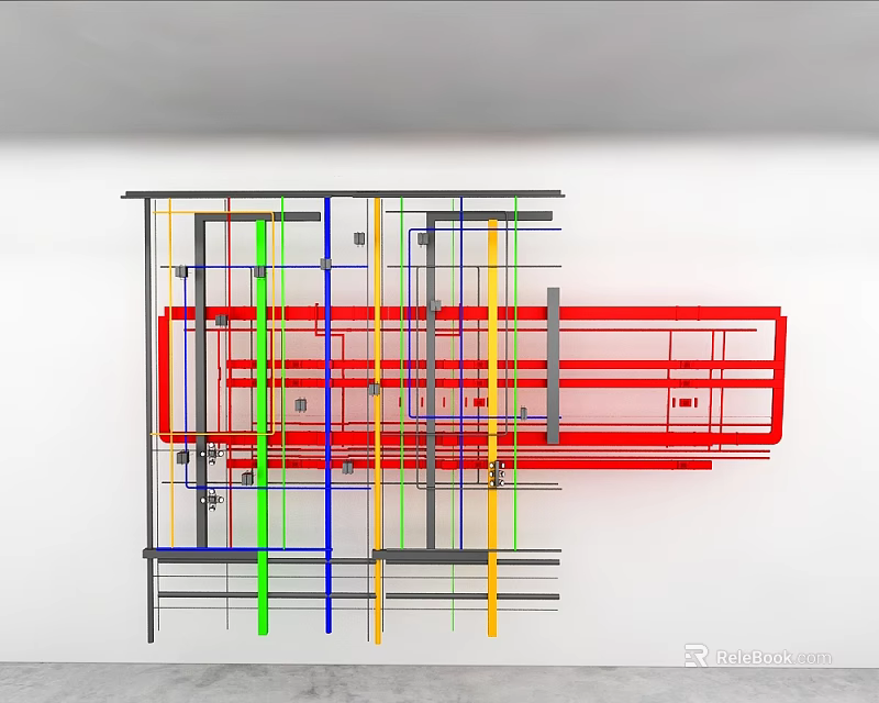 Colorful Abstract Line Art Installation With Multi Colored Strokes On White Wall 3d model 