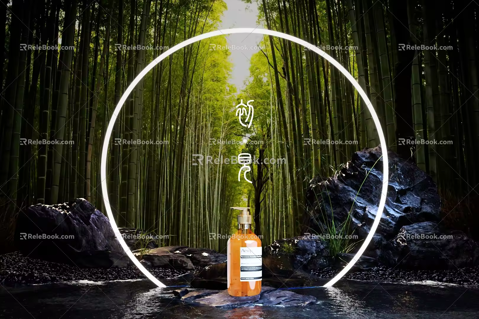 Product display bamboo rock rock stream electricity supplier background 3d model