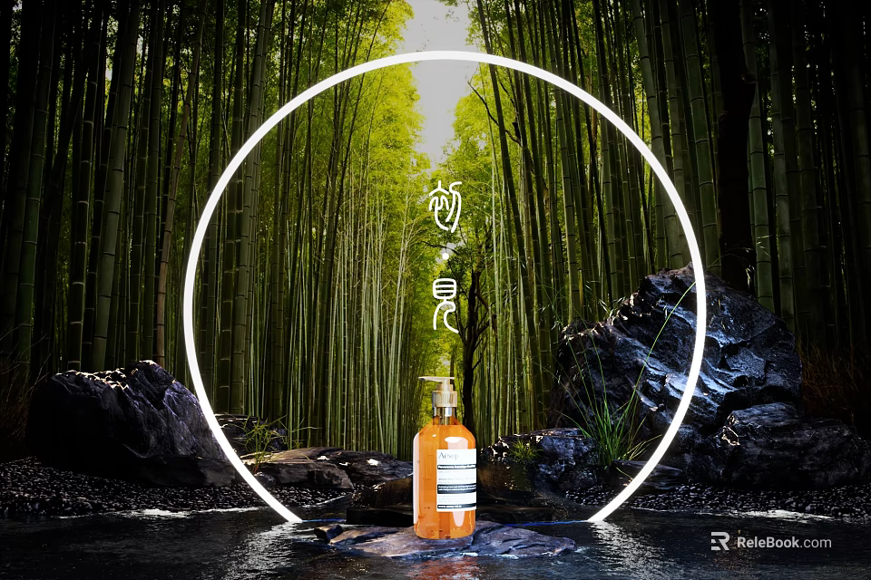 Tranquil Bamboo Forest Stream Scene With Neon Ring Rocks And Orange Bottle 3d model 