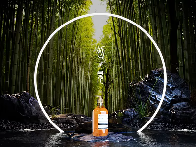Tranquil Bamboo Forest Stream Scene With Neon Ring Rocks And Orange Bottle 3d model