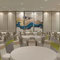 Elegant Modern Banquet Hall With Round Tables White Chair Covers And Decorative Painting