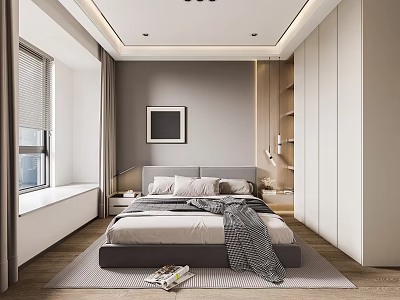 Modern Bedroom Interior With Gray Bedding Framed Artwork Window Wardrobe And Magazine On Rug 3d model
