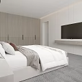Modern Minimalist Bedroom Interior With Large Bed TV Curtains And Gray Carpet