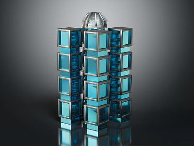 Modern Architectural Structure With Stacked Blue Cubes Transparent Spherical Top And Glass Reflective Facades 3d model