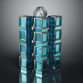 Modern Architectural Structure With Stacked Blue Cubes Transparent Spherical Top And Glass Reflective Facades