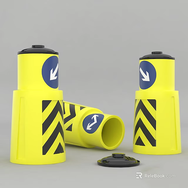 Road Safety Traffic Bollards Yellow With Blue Arrow Signs And Black Stripes 3d model 
