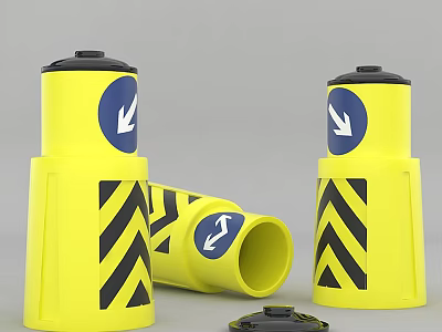Road Safety Traffic Bollards Yellow With Blue Arrow Signs And Black Stripes 3d model