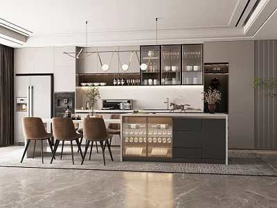 Modern Restaurant Interior With Open Layout Island Counter Hanging Lights And Dining Chairs 3d model