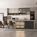 Modern Restaurant Interior With Open Layout Island Counter Hanging Lights And Dining Chairs