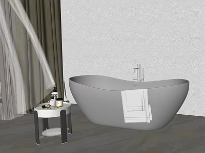 Modern Oval Bathtub With Side Table Toiletries Gray Curtains White Wall And Wooden Floor 3d model