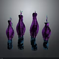 Four purple abstract plants with blue textured bases on dark surface