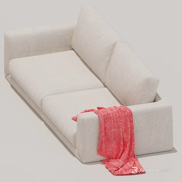 Modern Beige Fabric Sofa With Red Patterned Blanket On Armrest 3d model