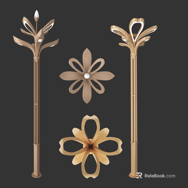 Golden Flower Design Outdoor Lights With Decorative Pole Mounted Structures 3d model 