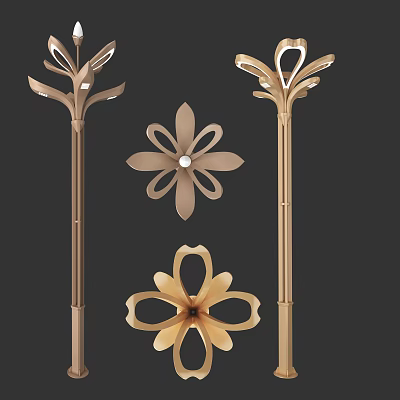 Golden Flower Design Outdoor Lights With Decorative Pole Mounted Structures 3d model