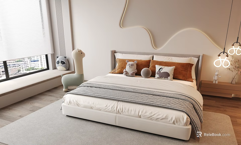 Cozy Kids Bed with Plush Pillows Stuffed Animal Toys Curved Wall Design and Sunlit Window 3d model 