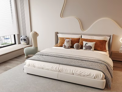 Cozy Kids Bed with Plush Pillows Stuffed Animal Toys Curved Wall Design and Sunlit Window 3d model