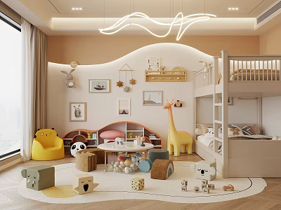 Bright Kids Room Interior Design With Bunk Bed Yellow Chair Toys And Decorative Wall Art 3d model