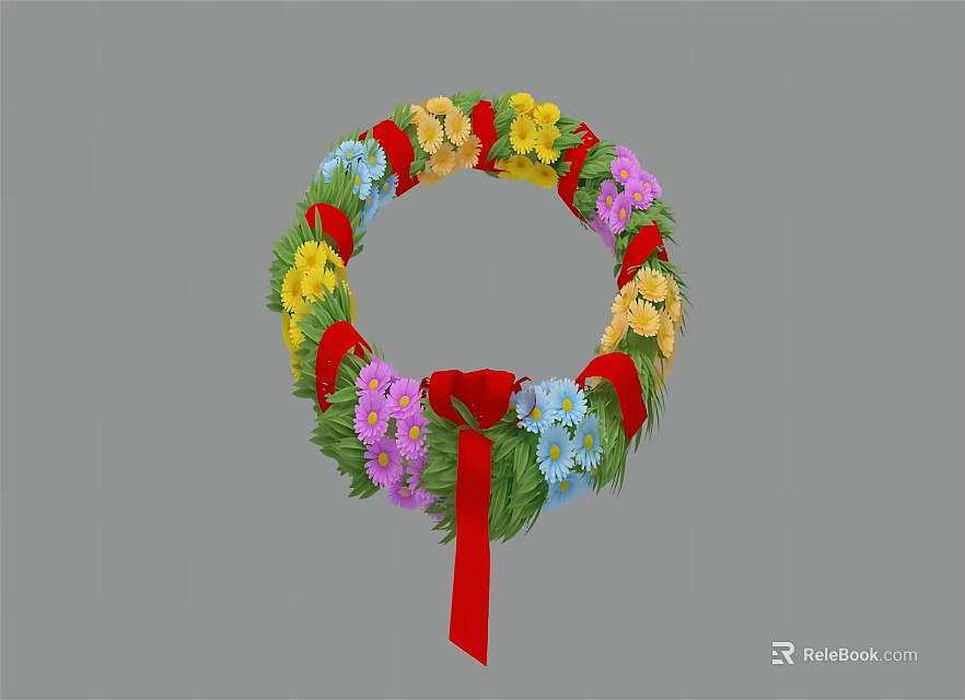 Decorative Floral Wreath with Colorful Flowers Green Leaves and Red Ribbon for Home Decoration 3d model 