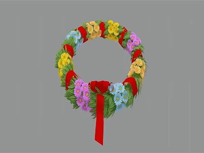 Decorative Floral Wreath with Colorful Flowers Green Leaves and Red Ribbon for Home Decoration 3d model
