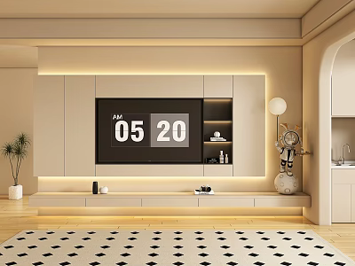 Modern Beige TV Wall With LED Lighting Storage Shelves And Decorative Items 3d model