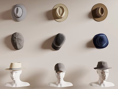 Stylish Hats Displayed On Wall And Mannequin Heads With Various Colors And Classic Styles 3d model