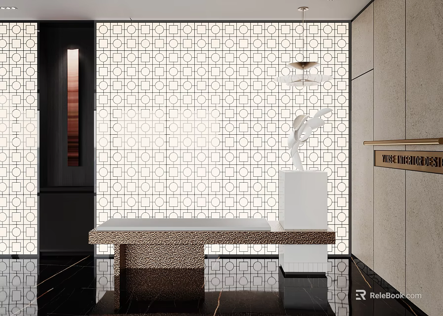 Modern Elegant Reception Desk With Geometric Pattern Wall Marble Countertop Chandelier And Sculpture 3d model 