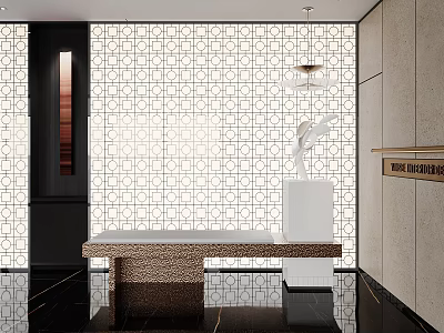 Modern Elegant Reception Desk With Geometric Pattern Wall Marble Countertop Chandelier And Sculpture 3d model