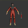 Game Movie Character 3D Model In Red Bodysuit With Black Shoulders Yellow Cuffs And Shoes