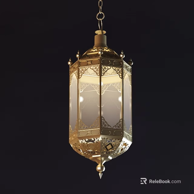 Elegant Golden Lantern Shaped Chandelier With Intricate Carvings And Illuminated Glow 3d model 