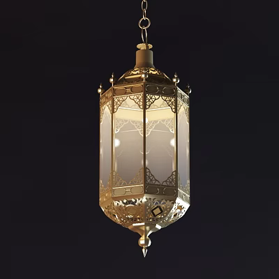 Elegant Golden Lantern Shaped Chandelier With Intricate Carvings And Illuminated Glow 3d model