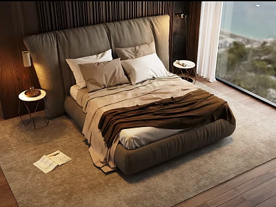Modern Double Bed Interior with Dark Wooden Wall Nightstands Table Lamps Rug and Sea View 3d model