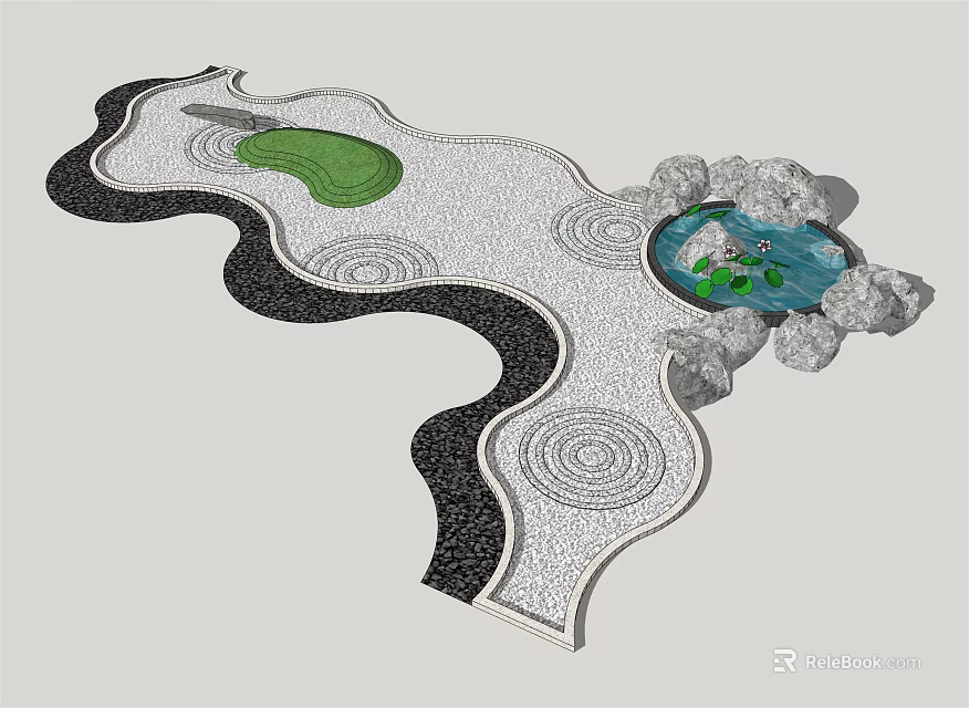 Courtyard Garden Design With Winding Pebble Path Circular Patterns Grass Area And Pond With Plants 3d model