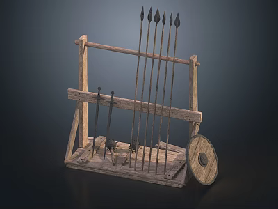 Medieval Weapons Displayed On Wooden Rack With Arrows Swords And Shield 3d model
