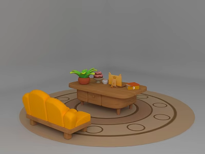 Coffee Table With Green Plant Cake Cat Figurine Books By Yellow Sofa On Round Rug 3d model