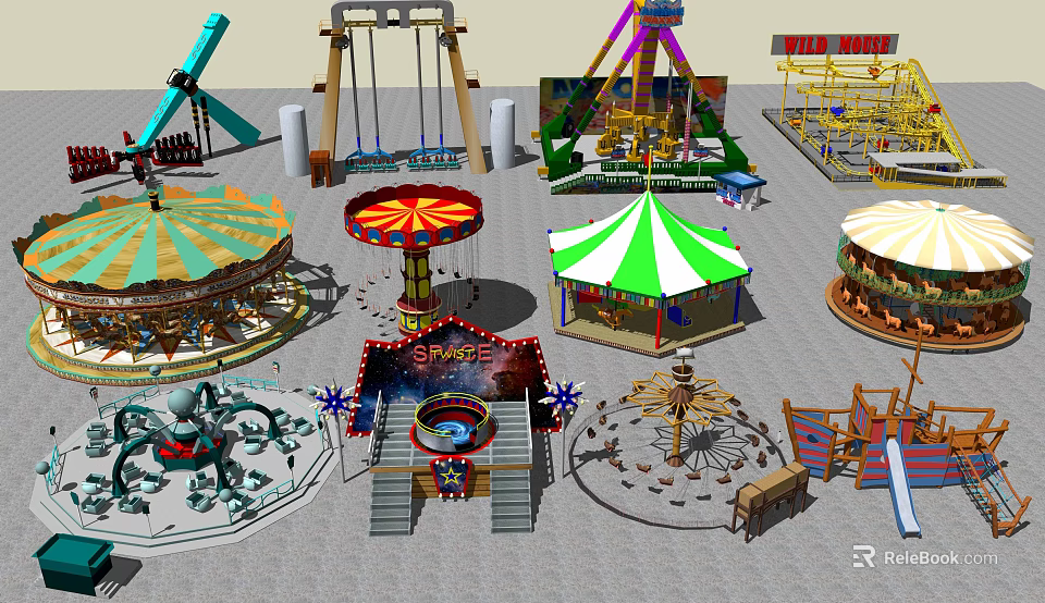 Various Amusement Park Playground Equipment With Carousel Swings Ferris Wheel And Slide 3d model 