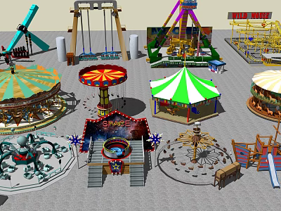 Various Amusement Park Playground Equipment With Carousel Swings Ferris Wheel And Slide 3d model