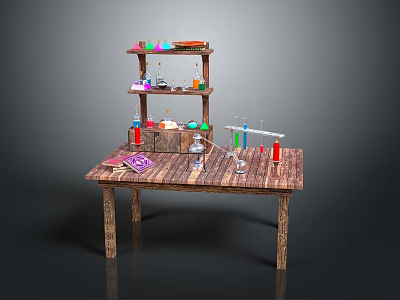 Wooden Table with Shelves Displaying Lab Equipment Colorful Liquids Beakers and Test Tubes 3d model