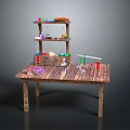 Wooden Table with Shelves Displaying Lab Equipment Colorful Liquids Beakers and Test Tubes