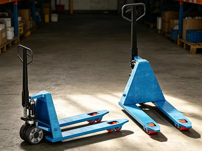 Two Blue Pallet Jacks In Industrial Warehouse With Shelves And Storage Boxes 3d model