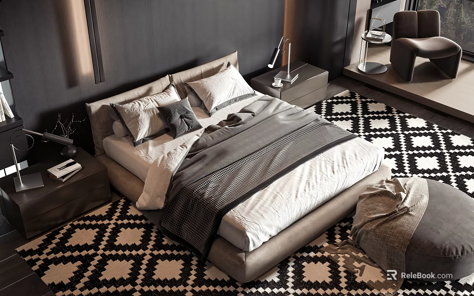 Elegant Double Bed With Gray And White Bedding Nightstand Lamp Ottoman And Geometric Rug 3d model 