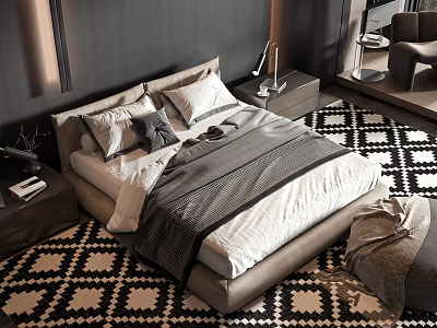 Elegant Double Bed With Gray And White Bedding Nightstand Lamp Ottoman And Geometric Rug 3d model