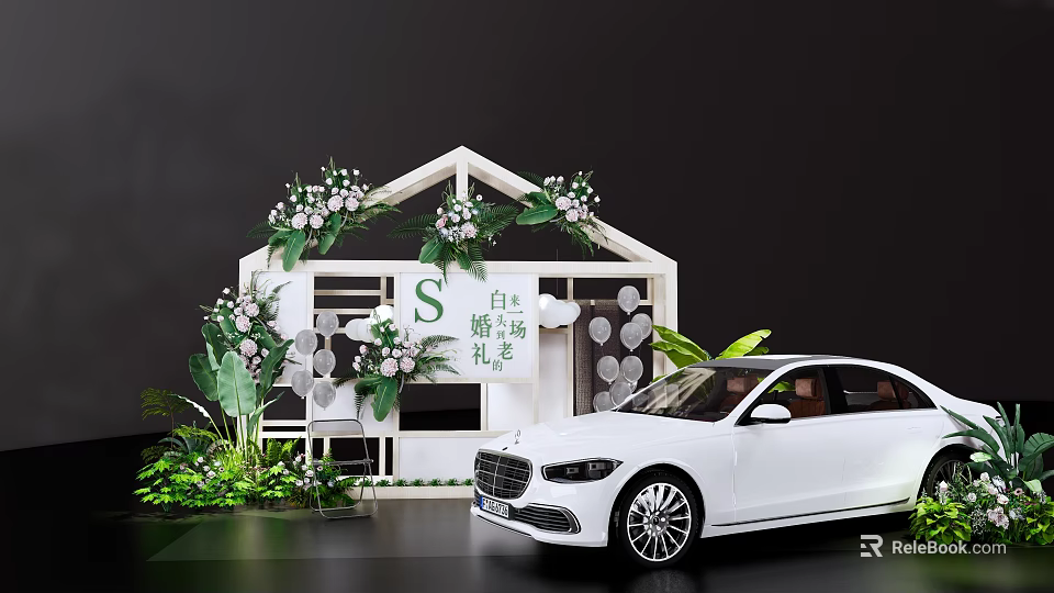Commercial Wedding Decoration Equipment With White Floral Structure Green Plants And Service Car 3d model 