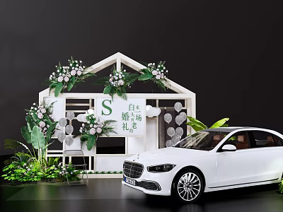Commercial Wedding Decoration Equipment With White Floral Structure Green Plants And Service Car 3d model