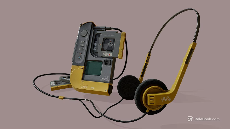 Vintage Cassette Player With Yellow Headphones For Retro Music Listening 3d model 