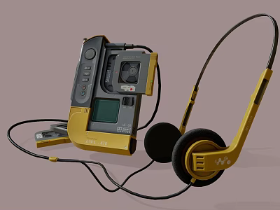 Vintage Cassette Player With Yellow Headphones For Retro Music Listening 3d model