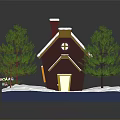 Cartoon Winter Scene With Snow Covered Cottage Pine Trees And Happy New Year