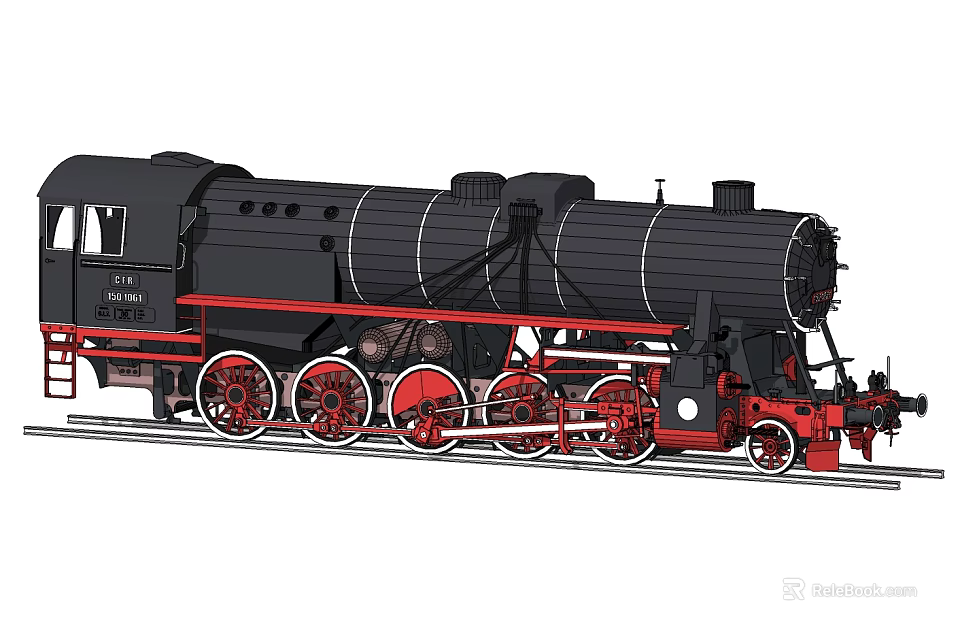 Classic Black Steam Train Locomotive With Red Wheels And Boiler On Tracks 3d model 